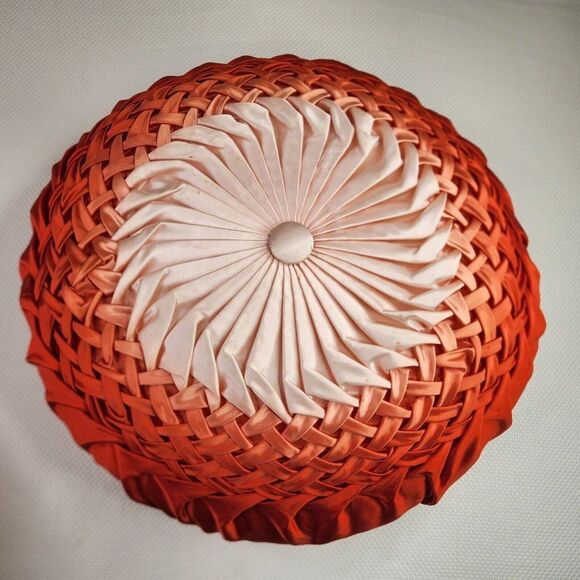 Vintage Mid Century Large Round throw Pillow Pleated Satin Red Pink Ombre - Picture 3 of 4